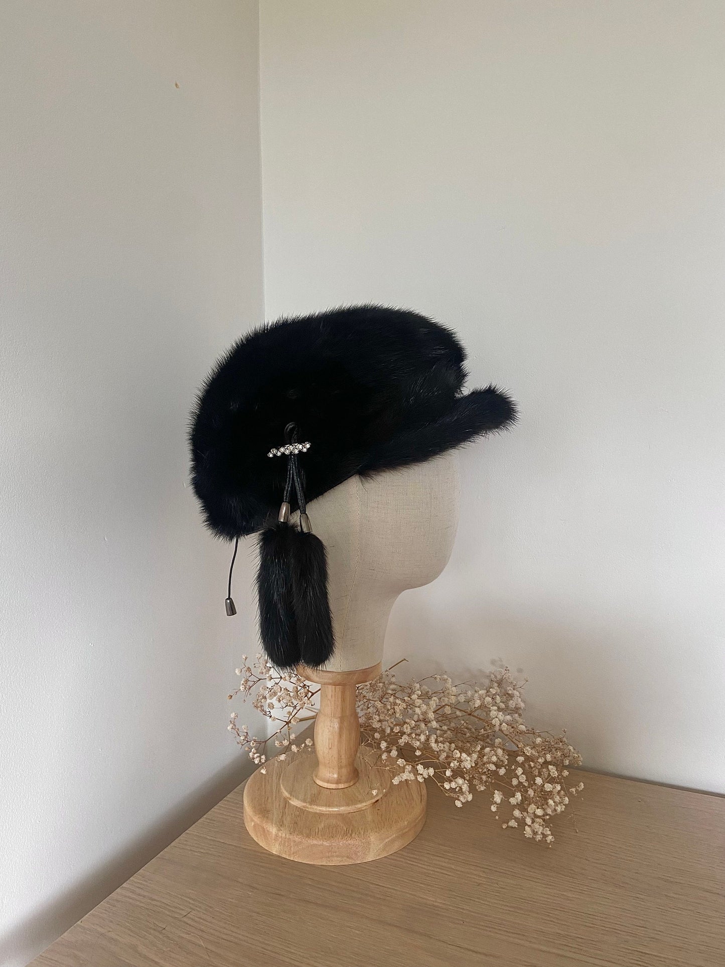 MINK FUR BLACK hat with fur cap and hanging fur accessories