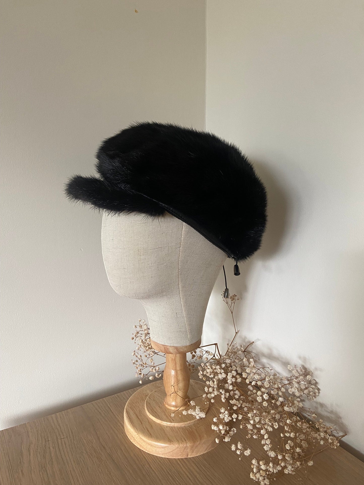 MINK FUR BLACK hat with fur cap and hanging fur accessories